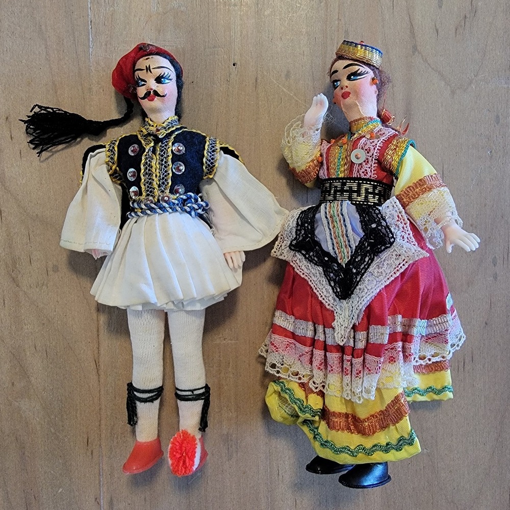 Vintage Greek Souvenir Costume Dolls Soldier Guard And Lady Figure Greece 8 In
